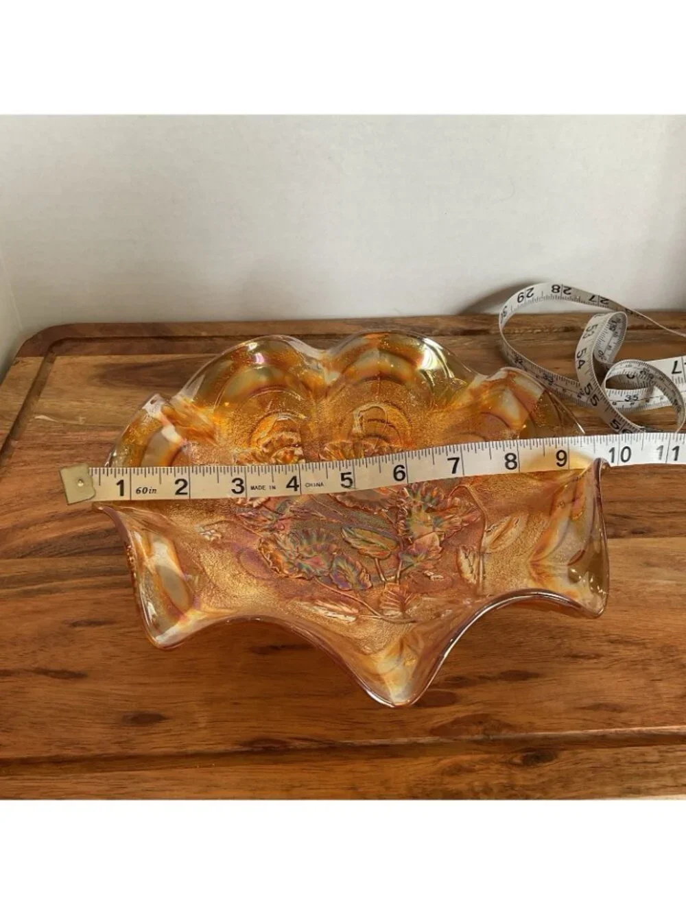 Vintage Fenton Orange Tree Marigold Carnival Ruffeled Bowl Iridescent Gold